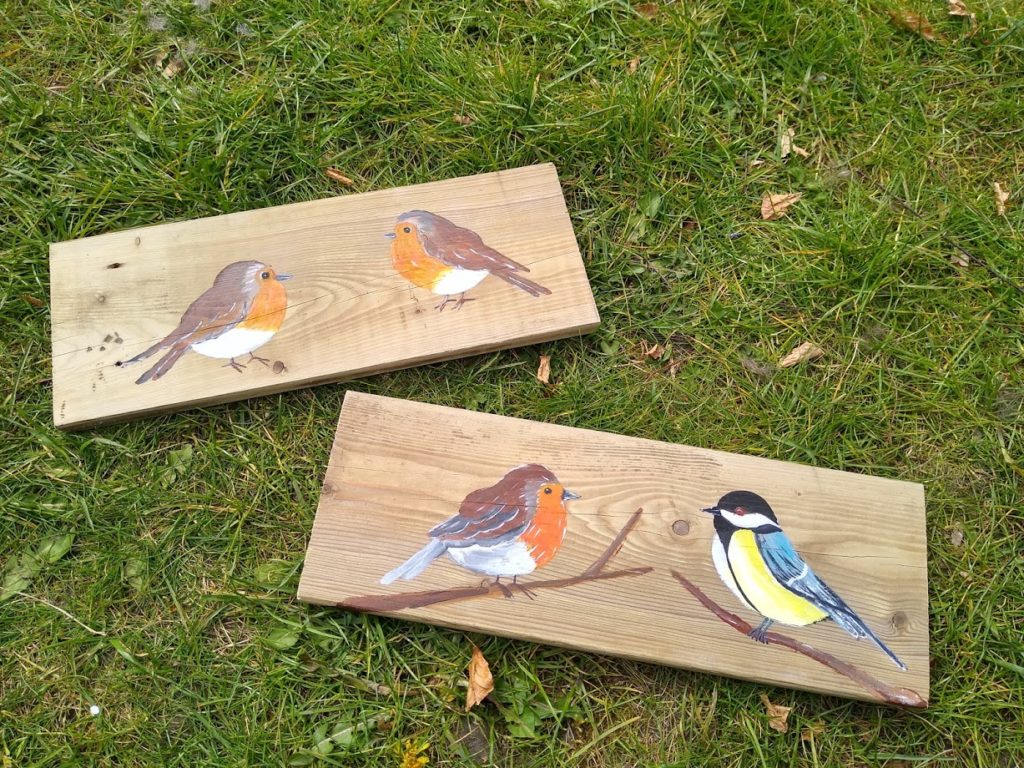 vogels op hout, schilderij, tuinvogels, 