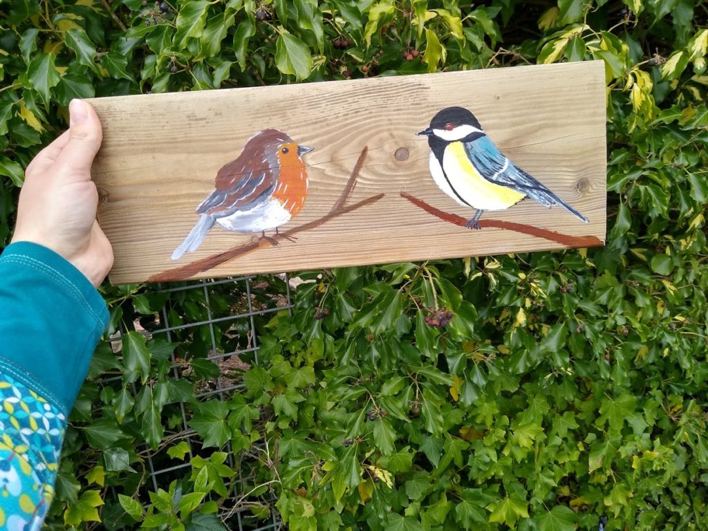 vogels op hout, schilderij, kopen, kunst, roodborstje, koolmeesje