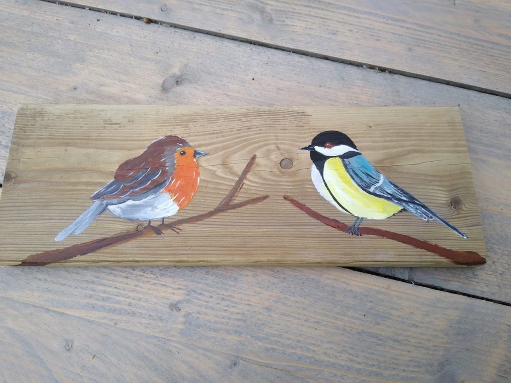 vogels schilderij, tuinvogels, hout, 