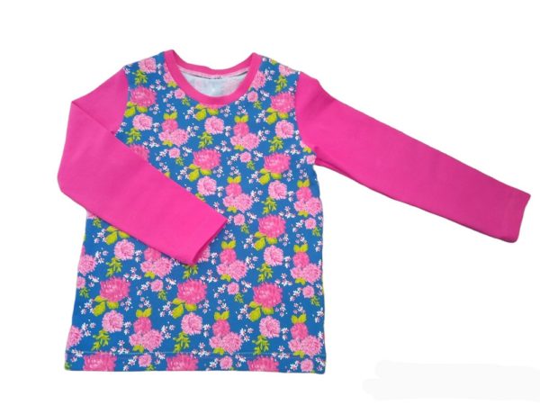 Longsleeve blauw met bloemen en roze mouwen, maat 110
