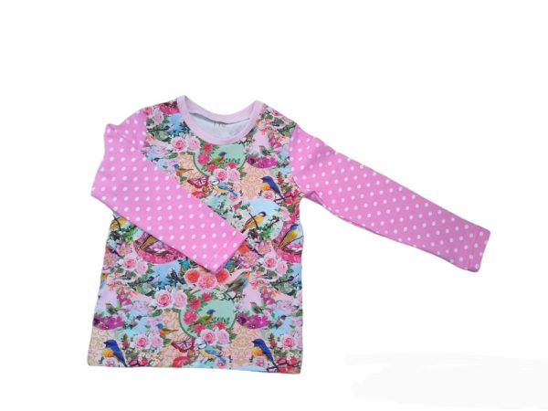Longsleeve met vogels en roze stippen, maat 110