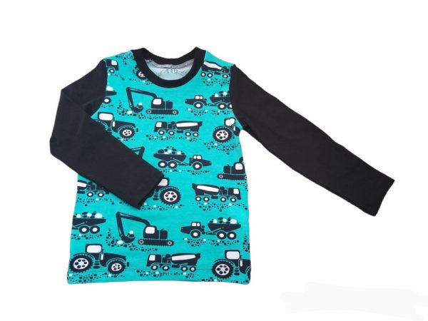 Longsleeve aqua/turquoise met zwarte machines maat 110